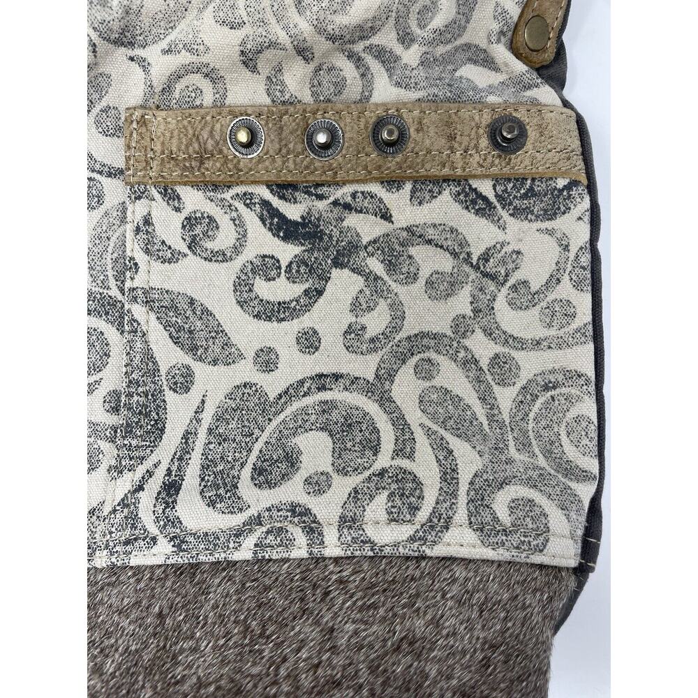 MYRA Purse Canvas Leather Cowhide Shoulder Bag Floral Gray Tan - Picture 2 of 12